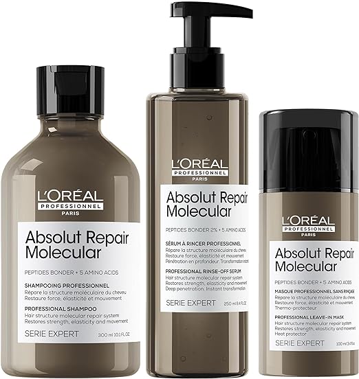 L’Oréal Professionnel, Routine Réparatrice Absolut Repair Molecular pour Tous Types de Cheveux Abîmés, Répare 2 ans de Dommages en Une Application, Formule brevetée, Shampoing + Sérum + Masque